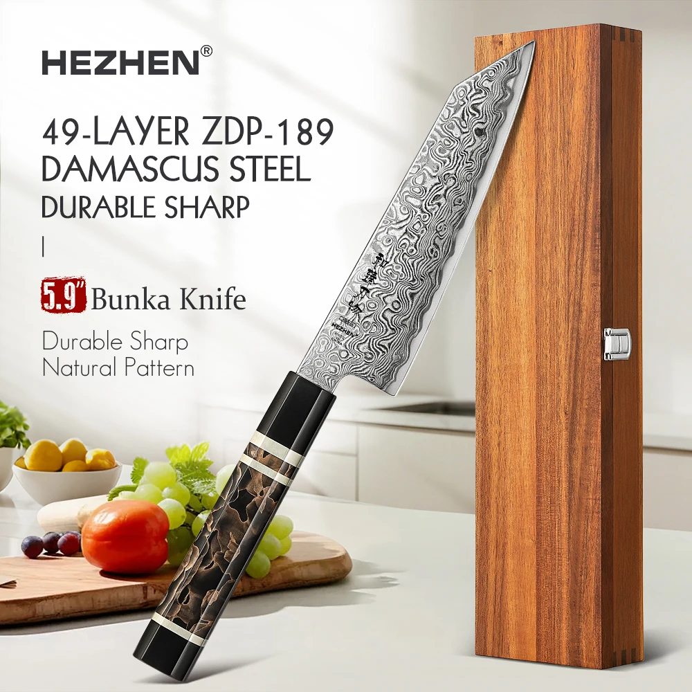 HEZHEN 5.9 Inch Bunka Knife 49 Layers ZDP-189 Damascus steel Powder Core 65-67 HRC Steel Kitchen Wooden Gift Box Cook Knife