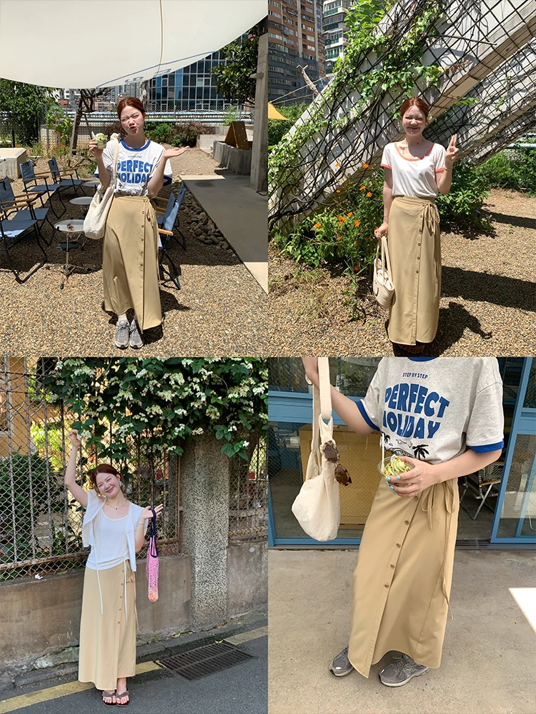 

Свободная женская юбка миди в корейском стиле с пуговицами, декоративным поясом, А-силуэт, длинная юбка, летняя мода, повседневный стиль, средняя талия