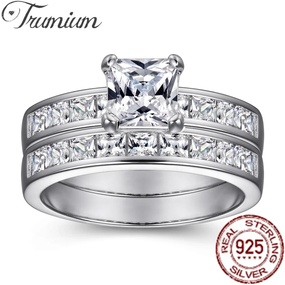 

Trumium 2Pcs Classic Wedding Bands Set for Women 6*6mm Princess Cut AAAAA Zircon 925 Sterling Silver Engagement Ring Jewelry