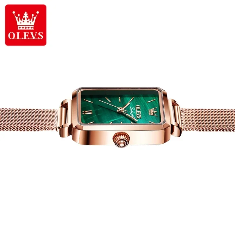 OLEVS Brand Women Watches Fashion Square Ladies Quartz Watch Bracelet Set Green Dial Simple Rose Gold Mesh Luxury Women Watches