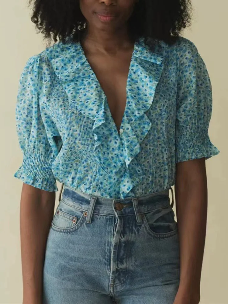 

Blue or Yellow Women Single Breasted Shirt Floral Print Short Puff Sleeve Ruffles Female Prairie Chic Blouse Summer 2024