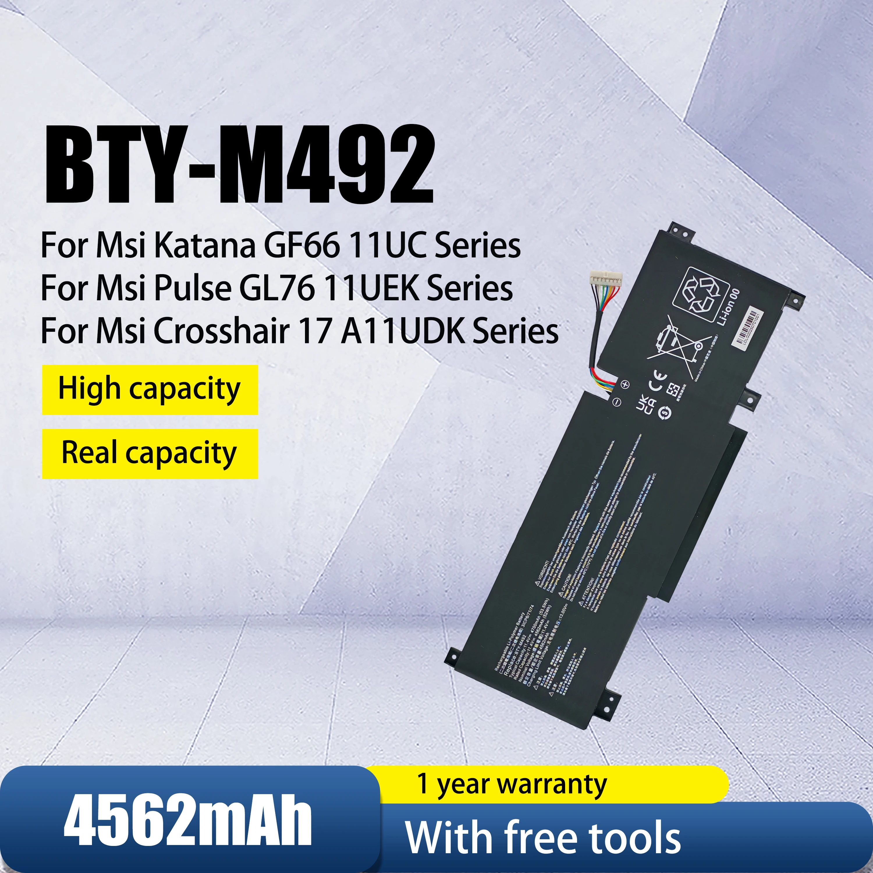 

BTY-M492（white）Laptop Battery For MSI Pulse GL66 GL76 11UDK,11UEK,11UCK,Sword 17 A11UD,Bravo 15 B5DD-200PH,Katana GF66 GF76