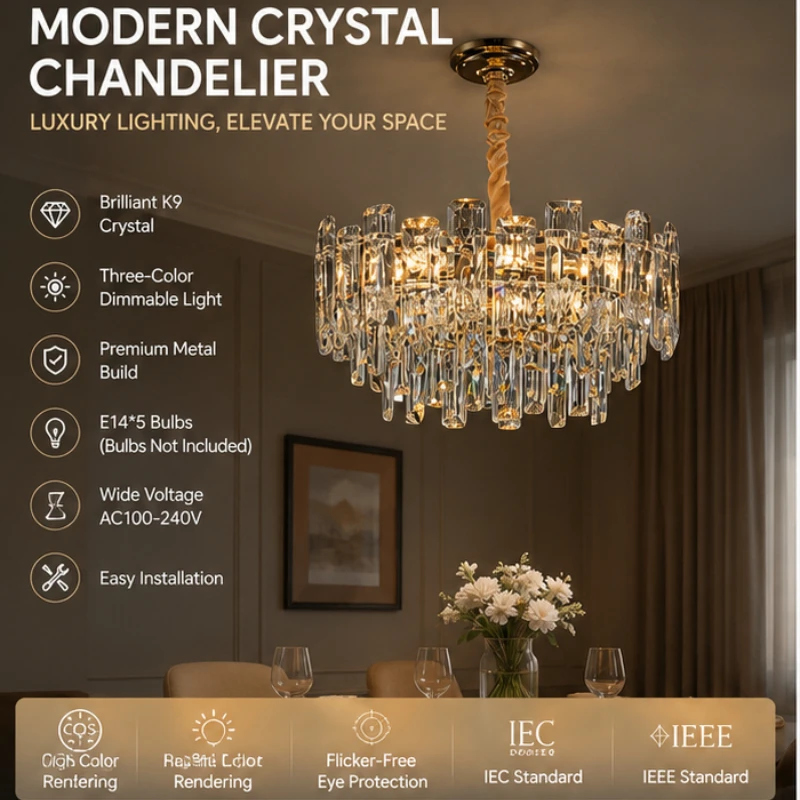 

Light Luxury Modern Classic Crystal Round ChandelierVilla Living Room Duplex Floor Lamp Hotel Wedding Banquet HallLED Chandelier