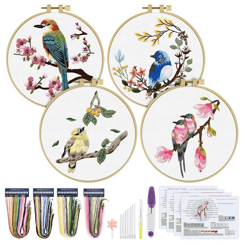 4 Pack Embroidery Kit For Beginners, Art Craft Handy Sewing Set Bird And Flower DIY Embroidery Kits Easy Install