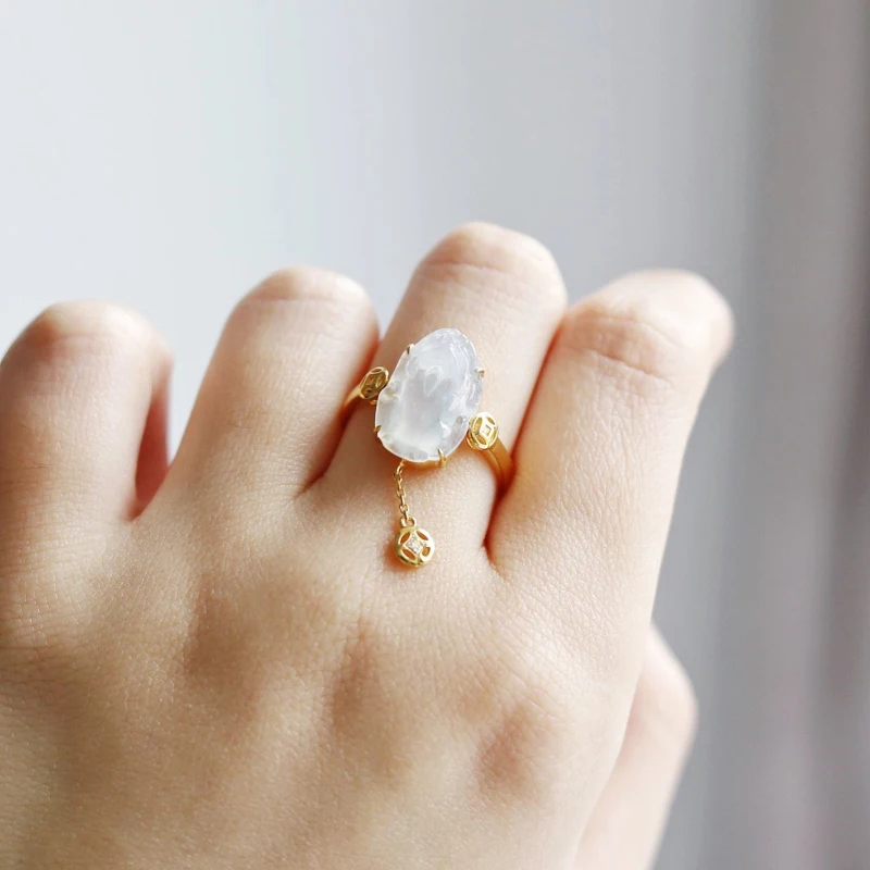 Designer\'s New in Natural Ice Chalcedony Pixiu Copper Coin Dual Purpose Rings for Women Pendant Chinese Style Fashion Jewelry