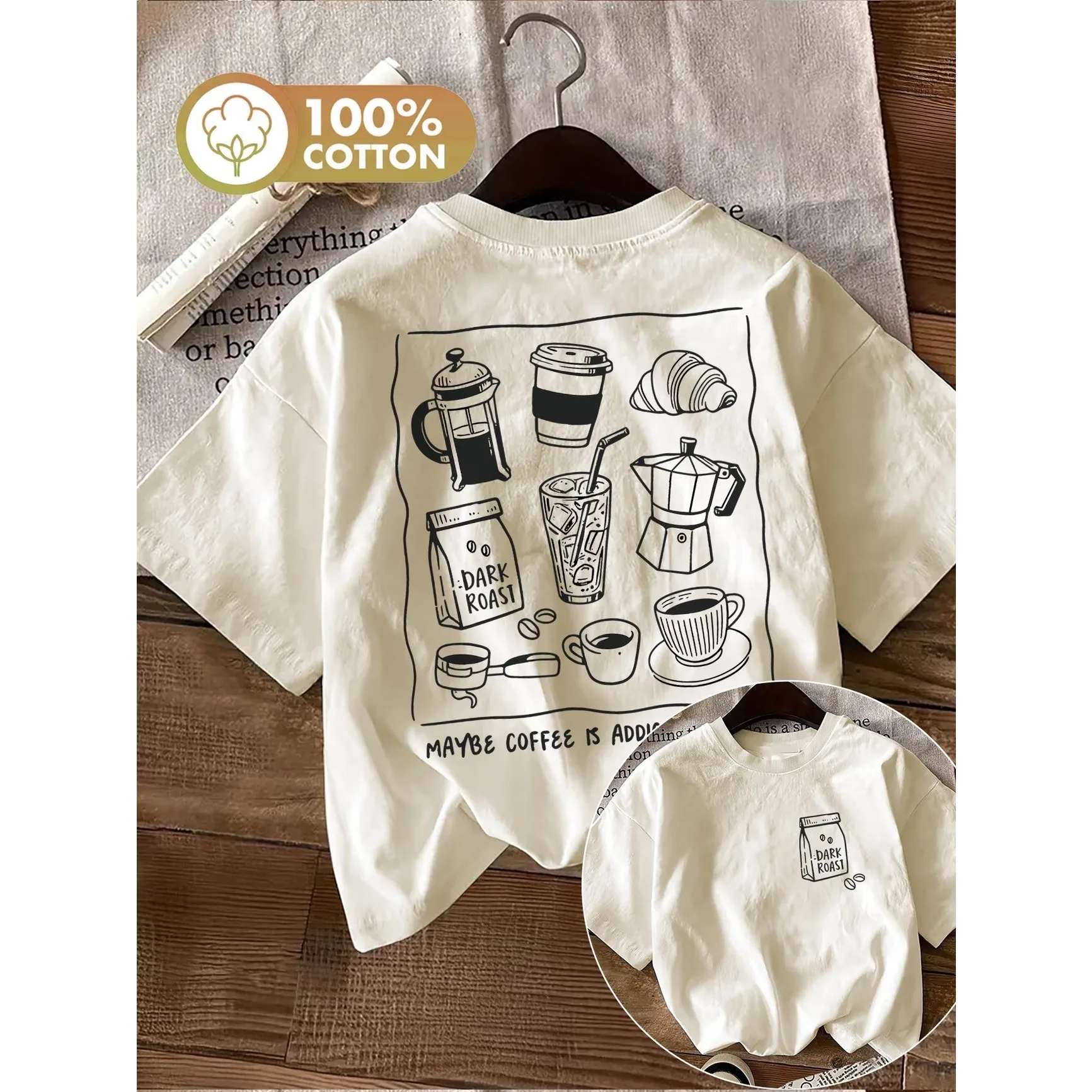 Vintage Coffee T-Shirt aus 100 % Baumwolle für Damen mit Kaffeeliebhaber-Aufdruck, weiches, kurzärmliges Oberteil mit Rundhalsausschnitt, schickes Harajuku-Top-T-Shirt