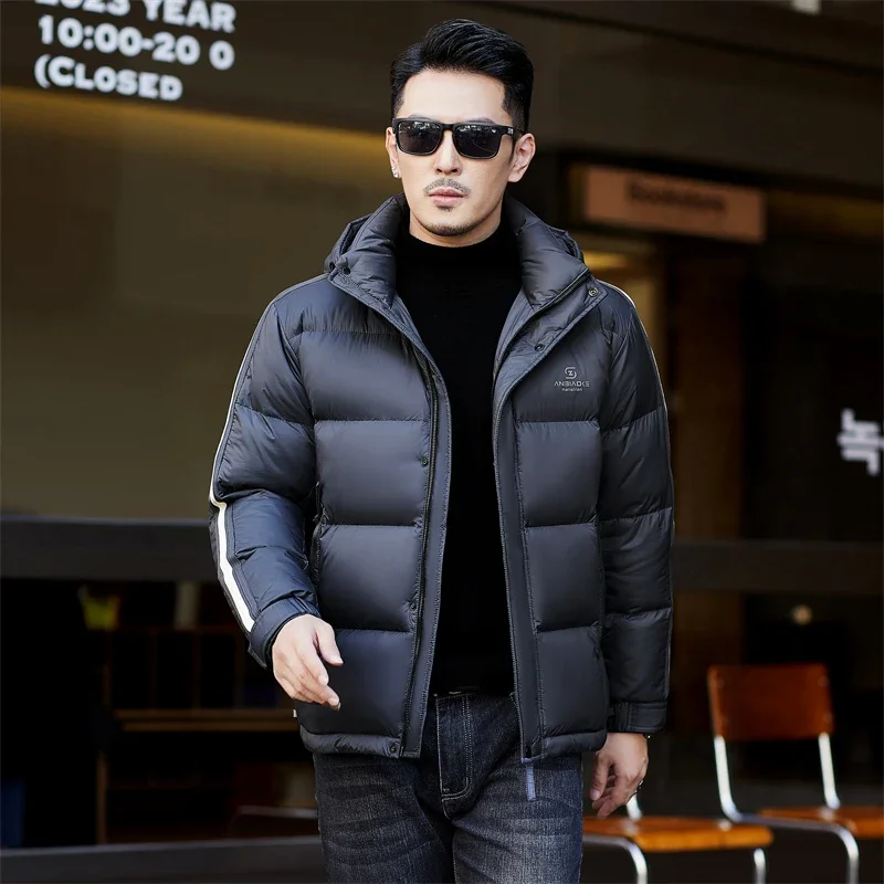 YEAE Men's Winter Down Jacket 2024 Short Thickened Striped Coat With Detachable Hat Clothing Business Casual Warm New Jack Top