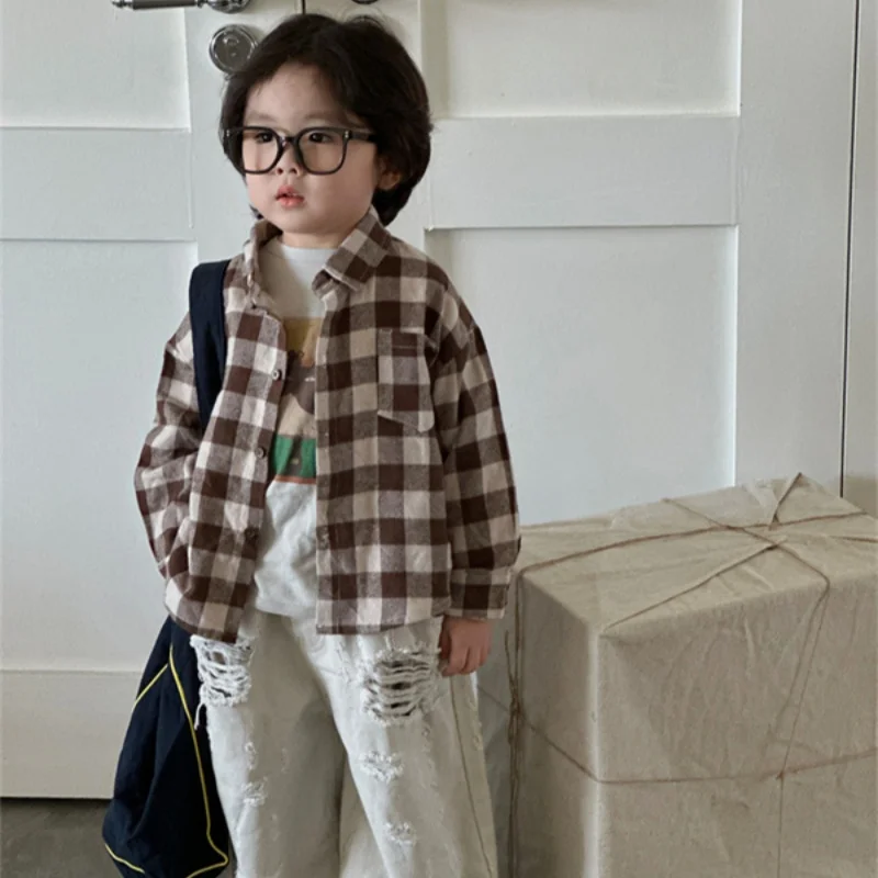 

Boys' cotton shirt jacket 2025 new product plaid children's spring and autumn jacket with good quality children's clothing