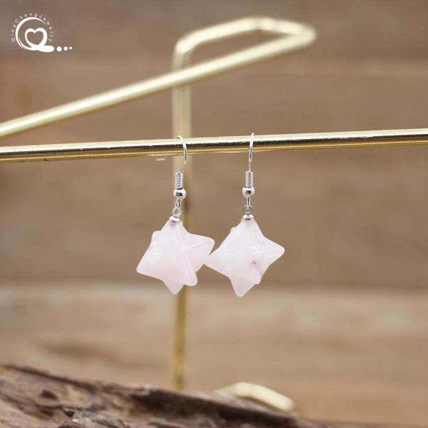 Natural Stone Merkabah Star Earrings Healing Gems Rose Crystal Quartz Lapis Women Gift Dangle Hook Earring Reiki Jewelry QC7003