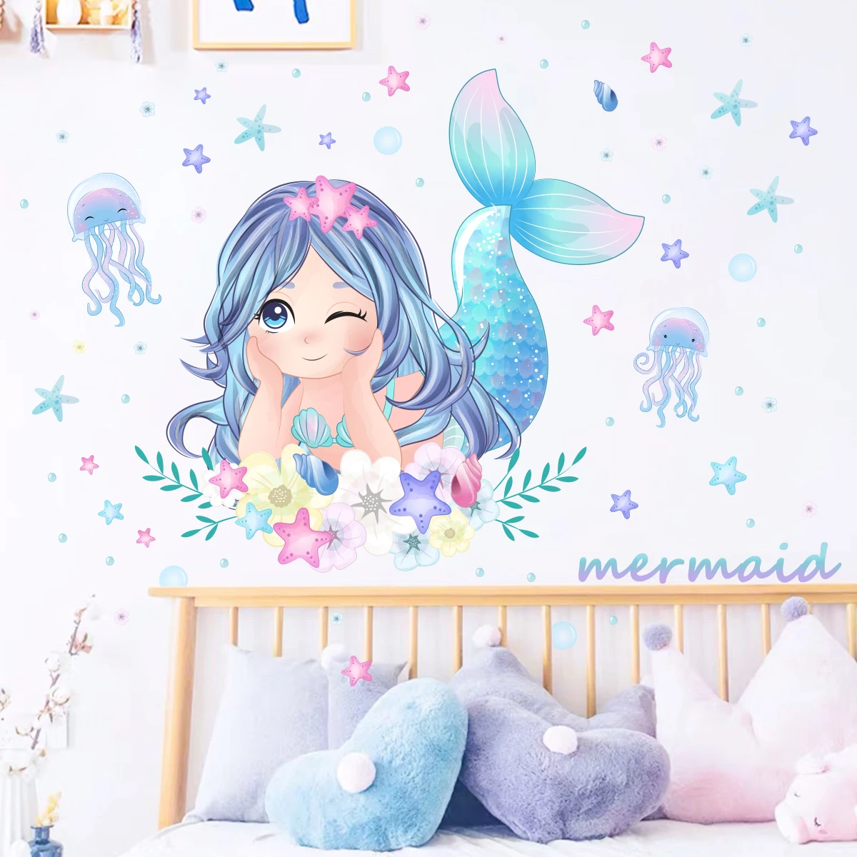 1Pc Cartoon Beautiful Mermaid Wall Stickers on The Wall Decoration for Bedroom Wallpaper Kids Room Living Room Decor for House