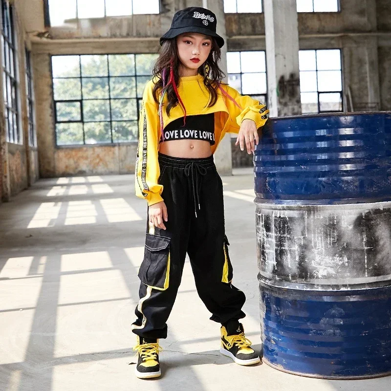

Hip Hop Girls Crop Top Contrast Street Dance Cargo Pants Children Sweatshirt Joggers Kids Streetwear Jazz Costumes Clothes Sets