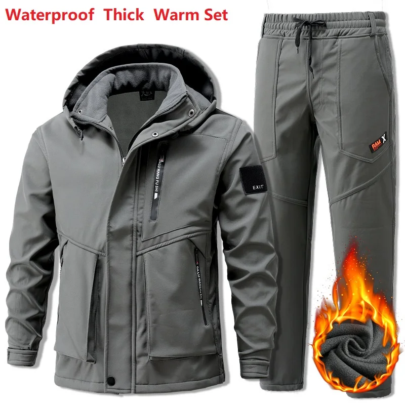 Winter Wool and Thick Men\'s Warm Waterproof and Wear-resistant Work Set Outdoor Hunting Hiking Fishing Skiing Clothing