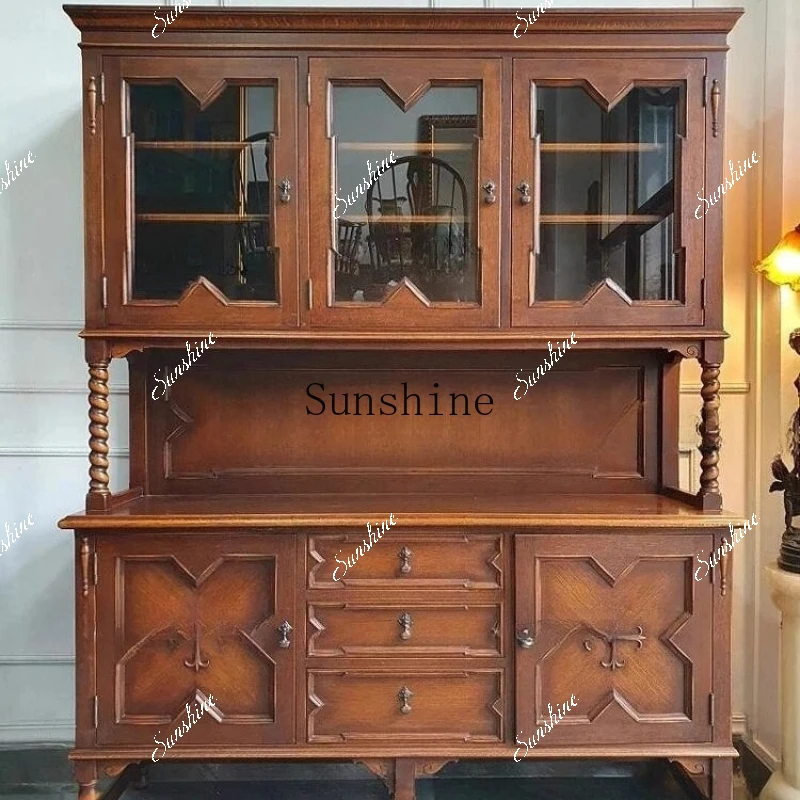 American nostalgic retro dining edge solid wood old glass storage cabinet  FT