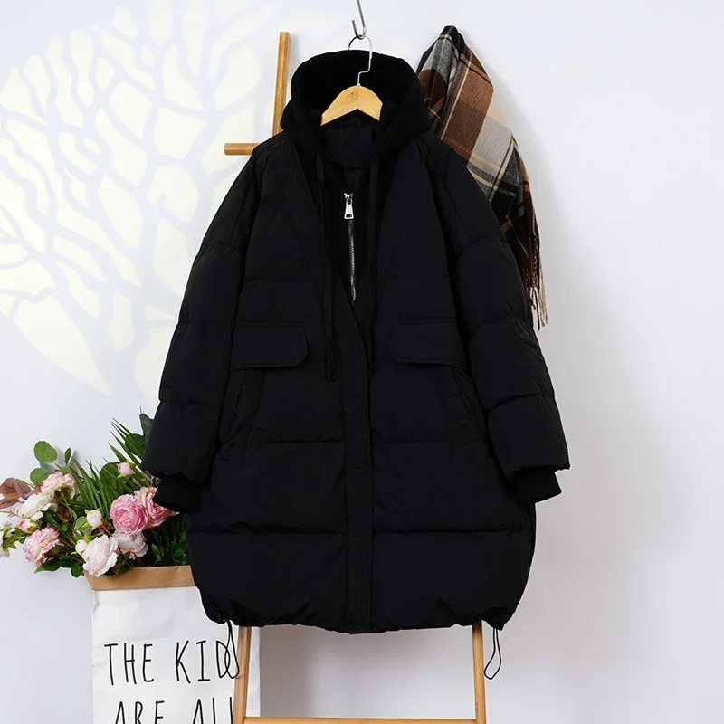 

With Hood Warm Autumn Winter Casual Over Size Outwear Fake Two-piece Coat 2026 Women White Duck Down Patchwork Jacket