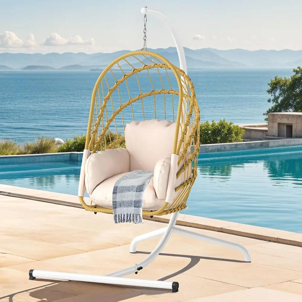 Hanging Egg Swing Chair with Cushions and Stand, Supports Up to 300lbs, Suitable for Indoor or Outdoor Use, Beige