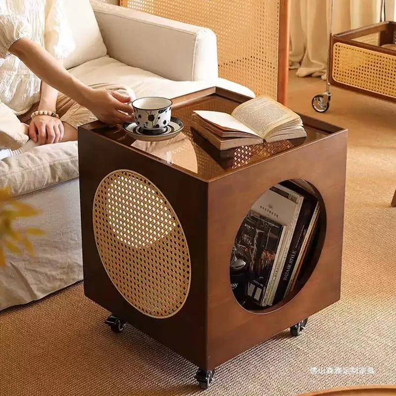 Medieval style coffee table living room movable coffee  side table sofa cart bedside rattan small side table storage