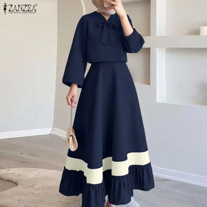Ramadan-Outfits ZANZEA Elegante Damen Frühling 2-teilige Sets Langarm Bluse mit Schleife Kleid-Anzug 2026 Modische Muslimische Passende Sets
