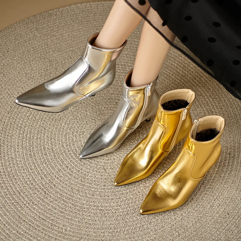 Kcenid Pointed Toe Ankle Boots For Women Side Zipper Short Boots Women Spike Heels Gold Silver Autumn Winter Big Size 35-48