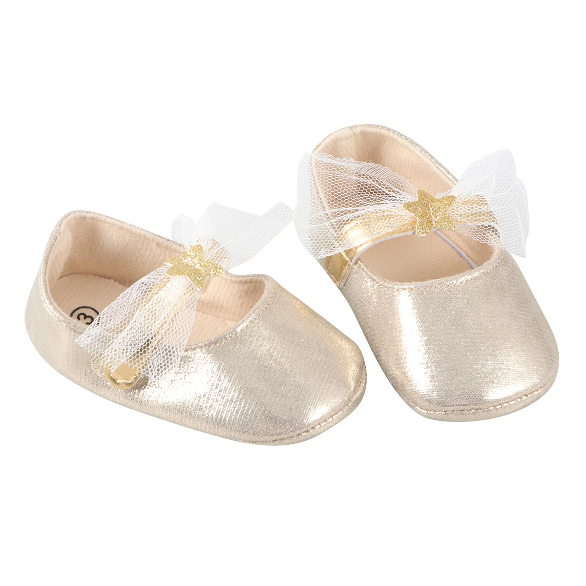 حذاء مشي ذهبي للأطفال مقاس 12 سم للفتيات من البولي يوريثان بنعل مسطح علوي مزين بالدانتيل على طراز الباليه ناعم ومريح مثالي لأول مرة #2
