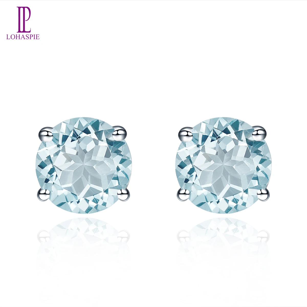 

LP Natural Gemstone Aquamarine White Gold Stud Earrings Solid 14K Fine Fashion Round 5.0mm Stone Jewelry For Women's Gift