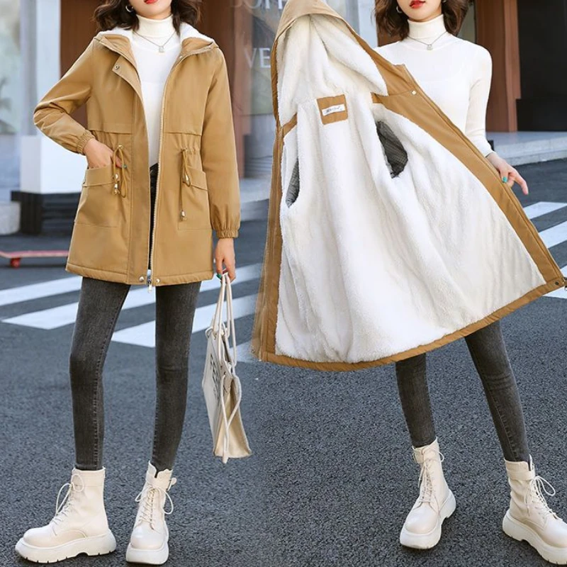 Trench Women Parkas Mid Length Coats Hooded Zipper Velvet Coat Thick Elegant Maxi Autumn Winter Drawstring High Waist Jackets