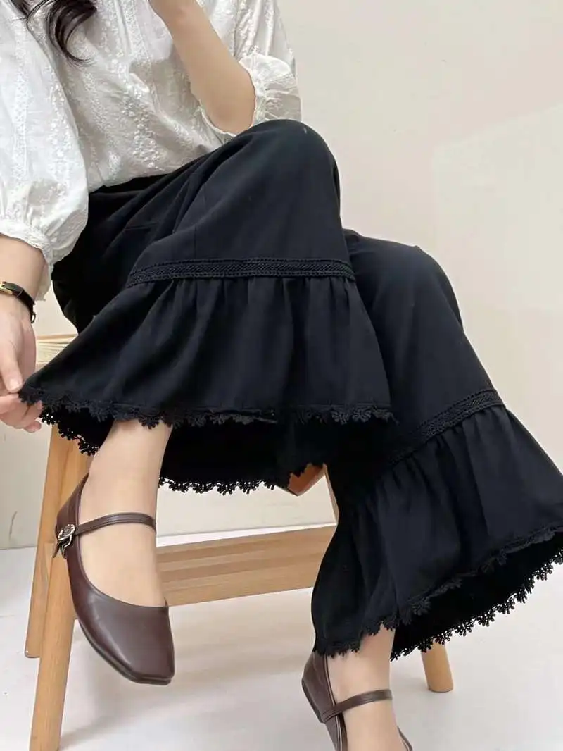 Japonês doce mori menina cor sólida renda bainha calças de perna larga feminino outono nova cintura elástica casual solto calças retas