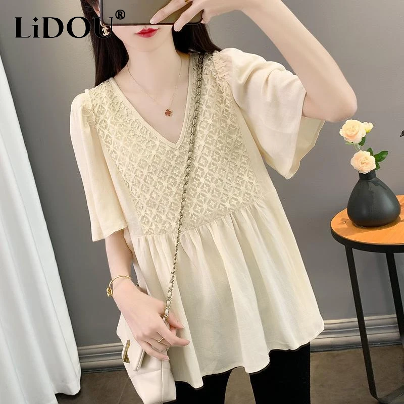 

2023 Summer Solid Color V-neck Short Sleeve Fashion T-Shirts Women Korean Style Flare Sleeve Pleated Hollow Out Pullovers Tops