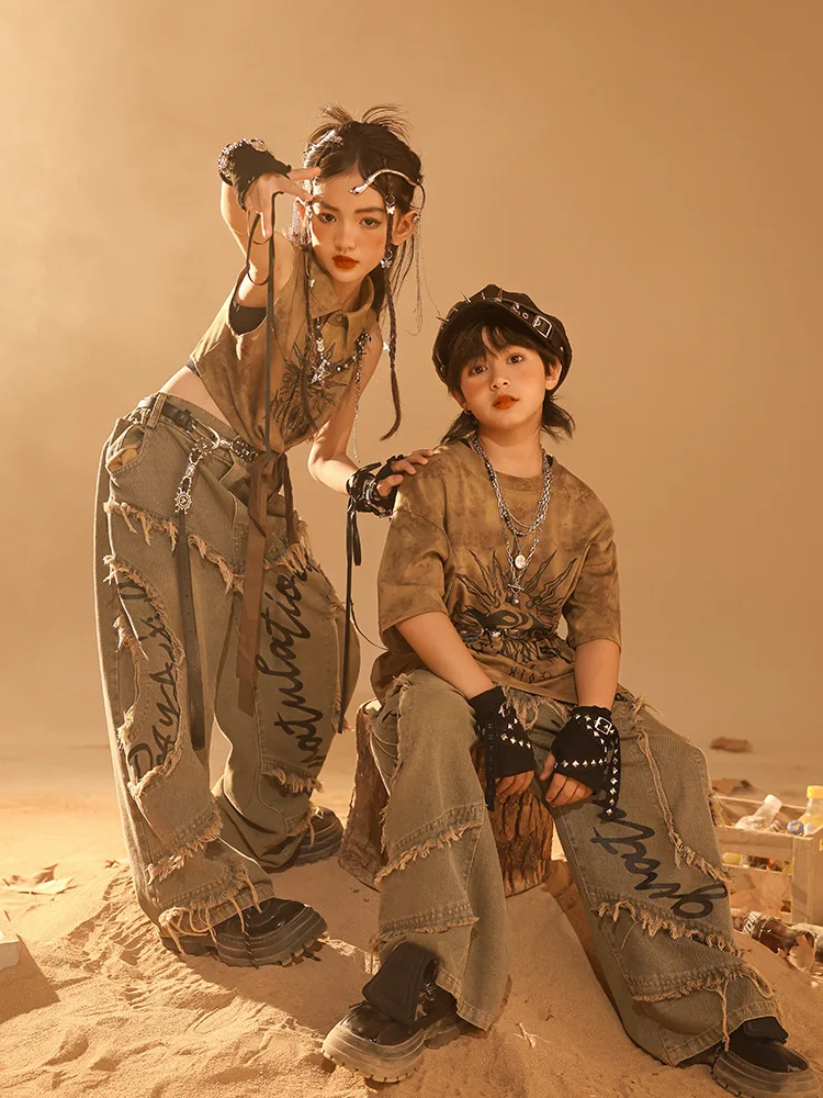 Kid Wasteland Style Hip Hop Clothing Coffee Crop Tank Top T Shirt Casual Raw Hem Jeans Pants for Girl Boy Dance Costume Clothes