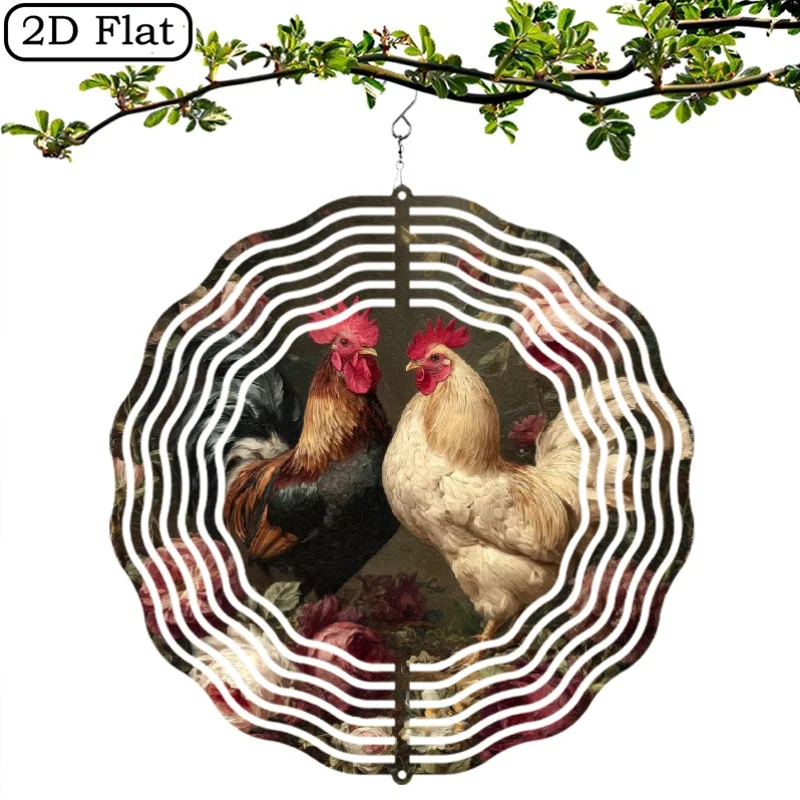 2D Flat Retro Farmhouse Metal Wind Chime with Rooster And Hen - 360° Rotating Outdoor Garden Decoration