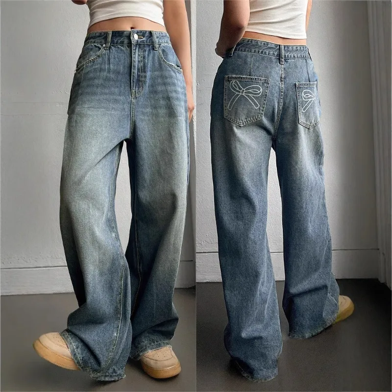 

y2k pant Women's American vintage high waisted wide leg jeans with bow embroidery on back pockets, casual denim pants for summer
