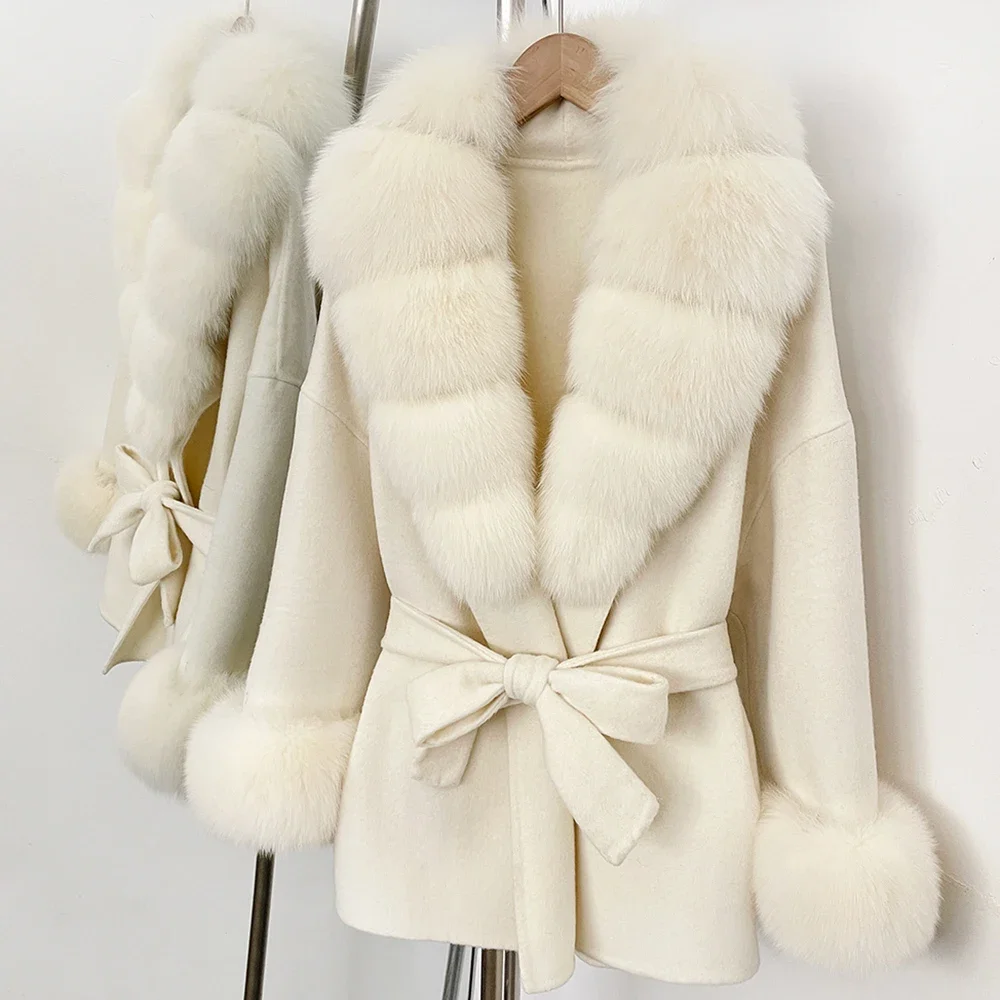 Short Fur Coat Women's Woolen Double Face Jacket Oversized Wool Coat Woman Belted Waist Belt Casual Warm for Fall Cold Season