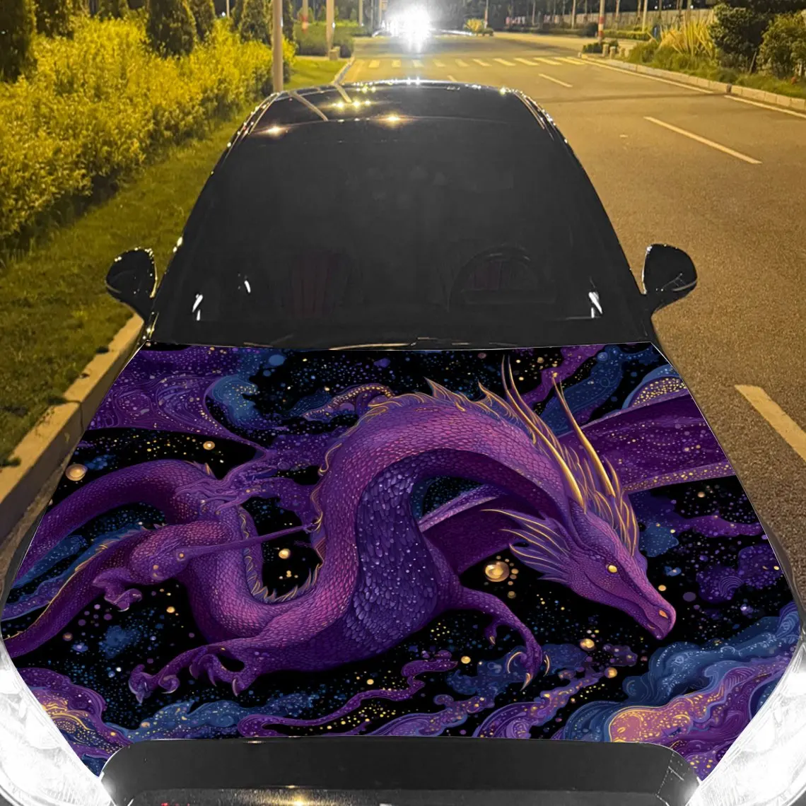 

Car Decals A Purple Dragon Exuding Mythical Splendor And Celestial Whimsy Amid A Starry, Cosmic Backdrop Car Hood Sticker, Water