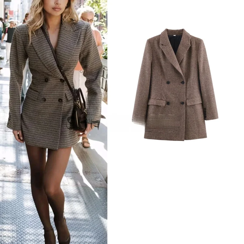 

Retro Style Long Sleeve Turn-down Collar Double-breasted Plaid Mid-length Women's Suit Jacket Winter New Arrival Commute Wind