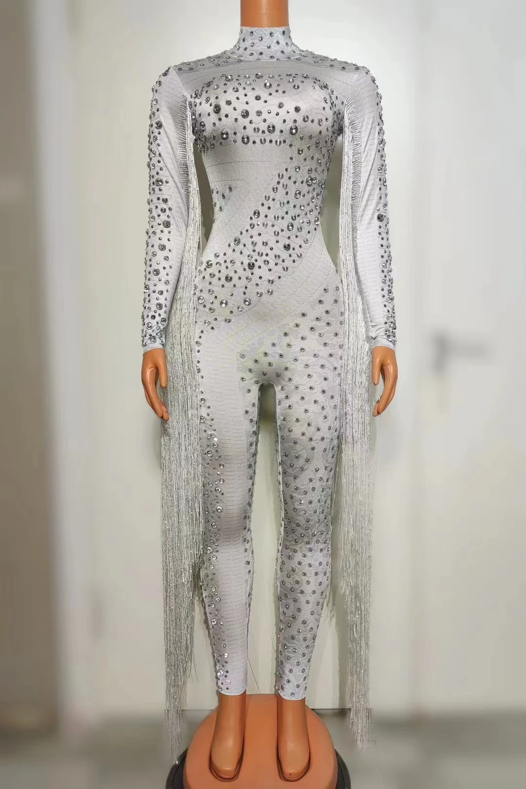 레드 TasselPrinted Rhinestones Jumpsuit생일 댄스 파티 축하 프린지 바디 슈트 DJ여성 가수 댄서 무대 착용 A530