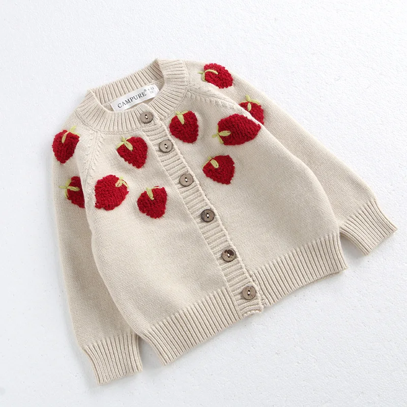 MILANCEL1-6Y Girls Sweaters Embroidery Strawberry Girls Cardigans Single Breast Knit Wear Girls Sweater