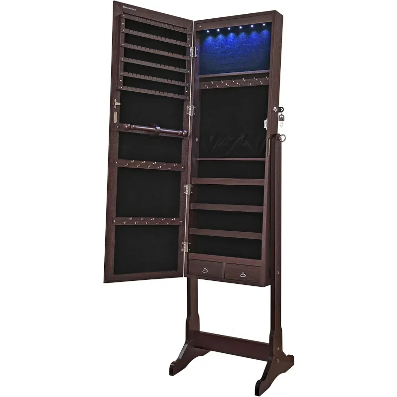 Mirror Jewelry Cabinet with 6 LED Lights, Lockable Standing Mirrored Armoire Organizer, 2 Drawers, Brown