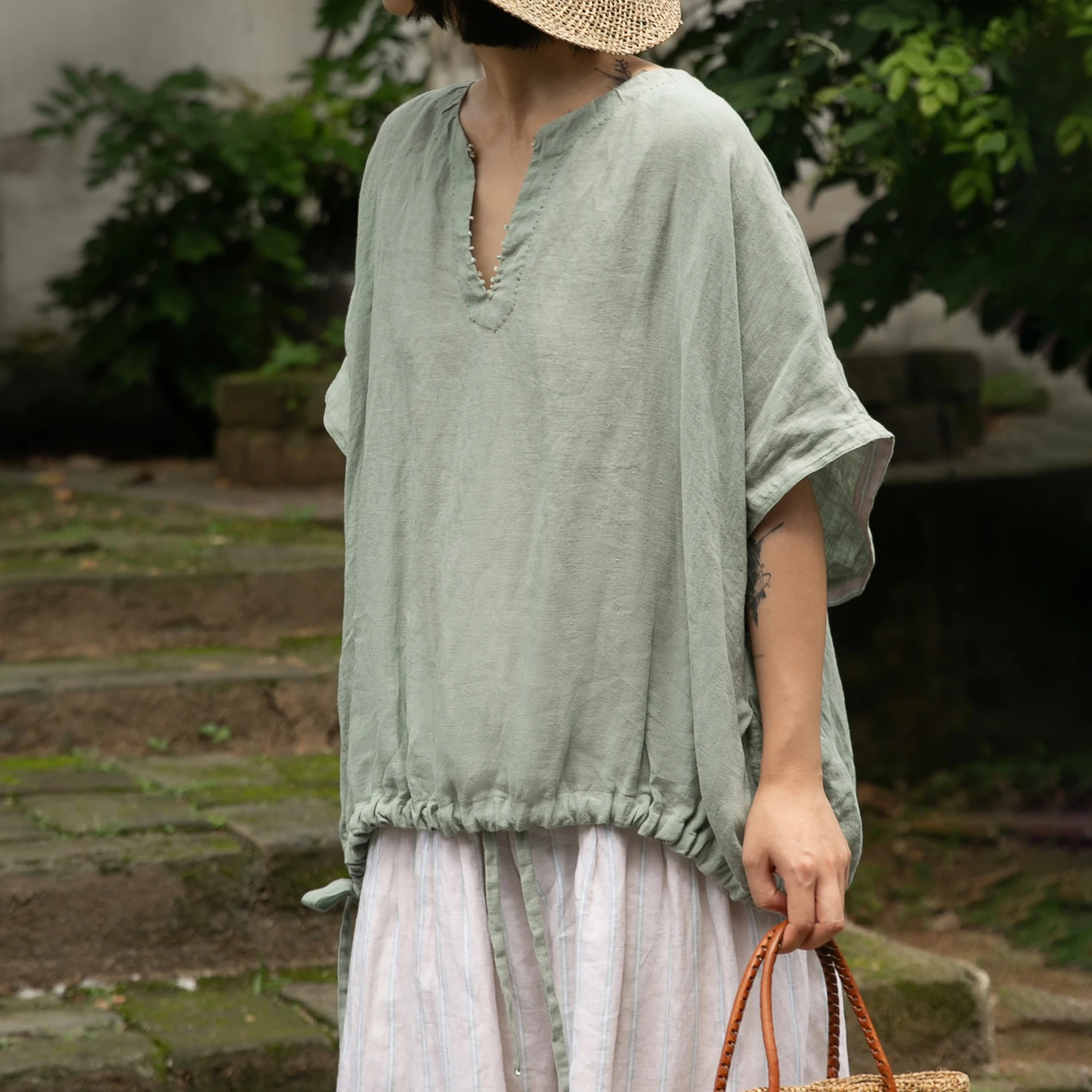 

Топ PengPeng Home S036 из льняной вискозы, свободного кроя, однотонный, производство Китай