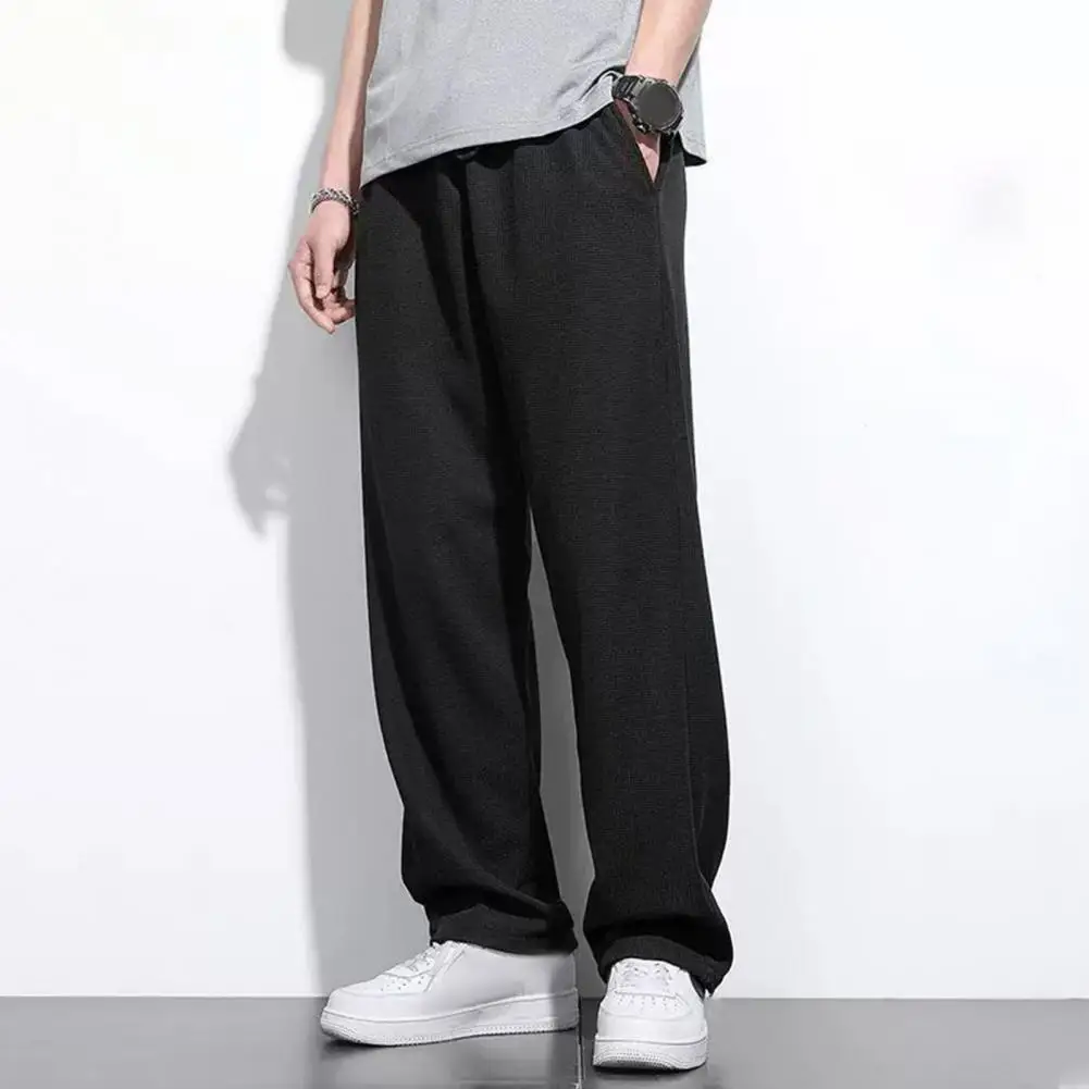 

Men Casual Pants Waffle Texture Drawstring Elastic Waist Pockets Sports Pants Solid Color Full Length Casual Sweatpants