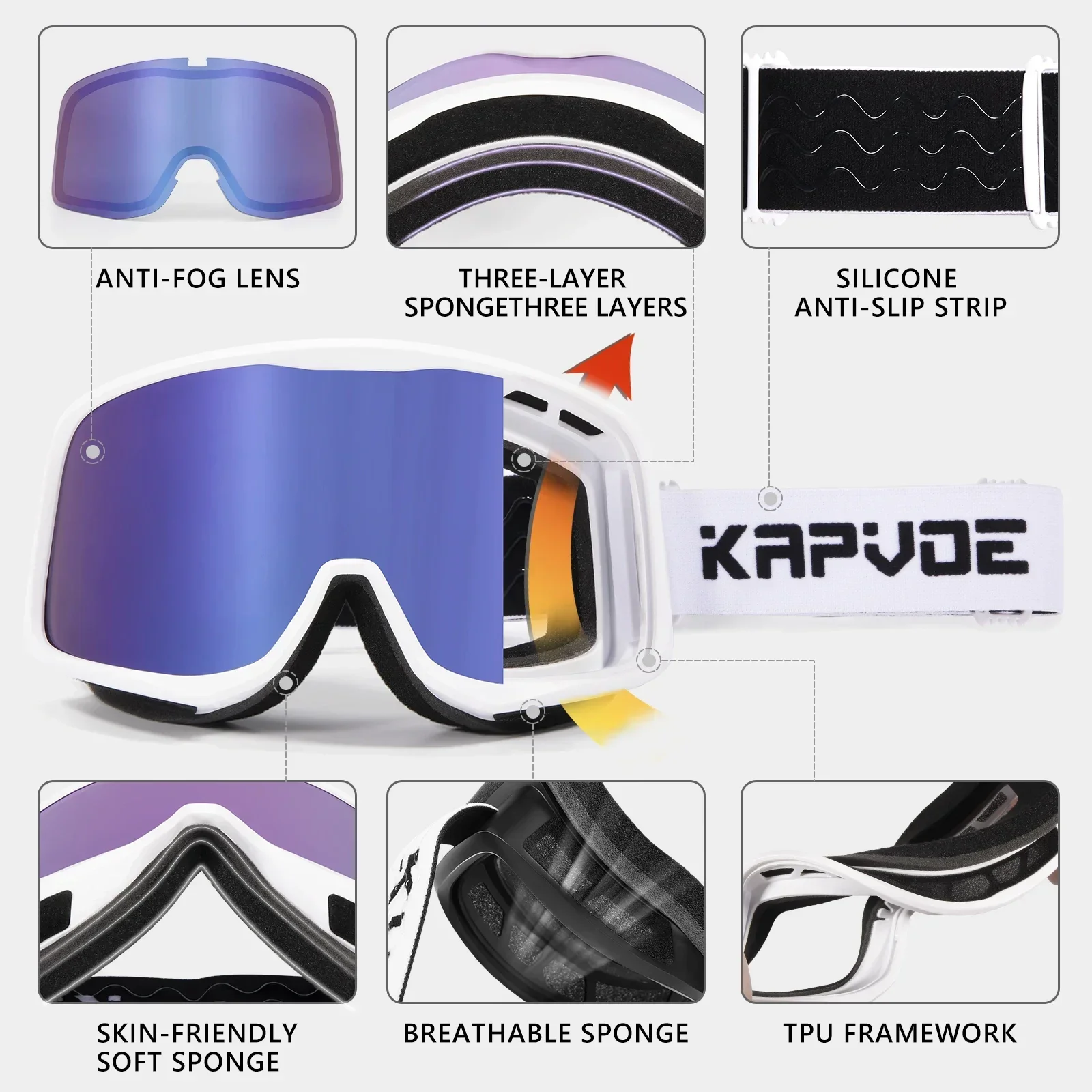 Kapvoe UV400 lunettes de neige Ski snowboard lunettes de soleil masque de Ski pour hommes femmes Anti-buée lentille Kit Protection motoneige lunettes