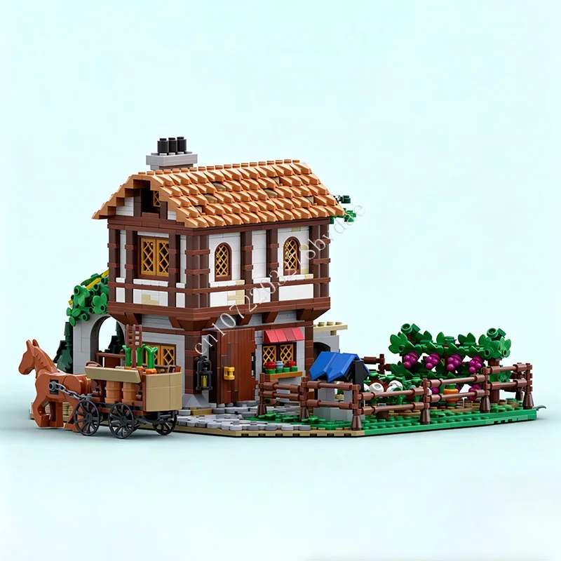 

1662 PCS Medieval Farmhouse Building Blocks with Horse Cart and Garden Scene Assembly Model Gift For Adults Home Decoration