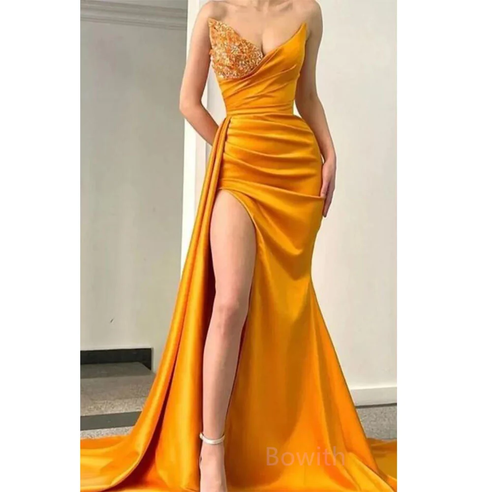 

Bowith Sleeveless Strapless Evening Party Dresses Sexy Side High Slit Floor Length Prom Gown Simple Banquet Dress vestidos gala