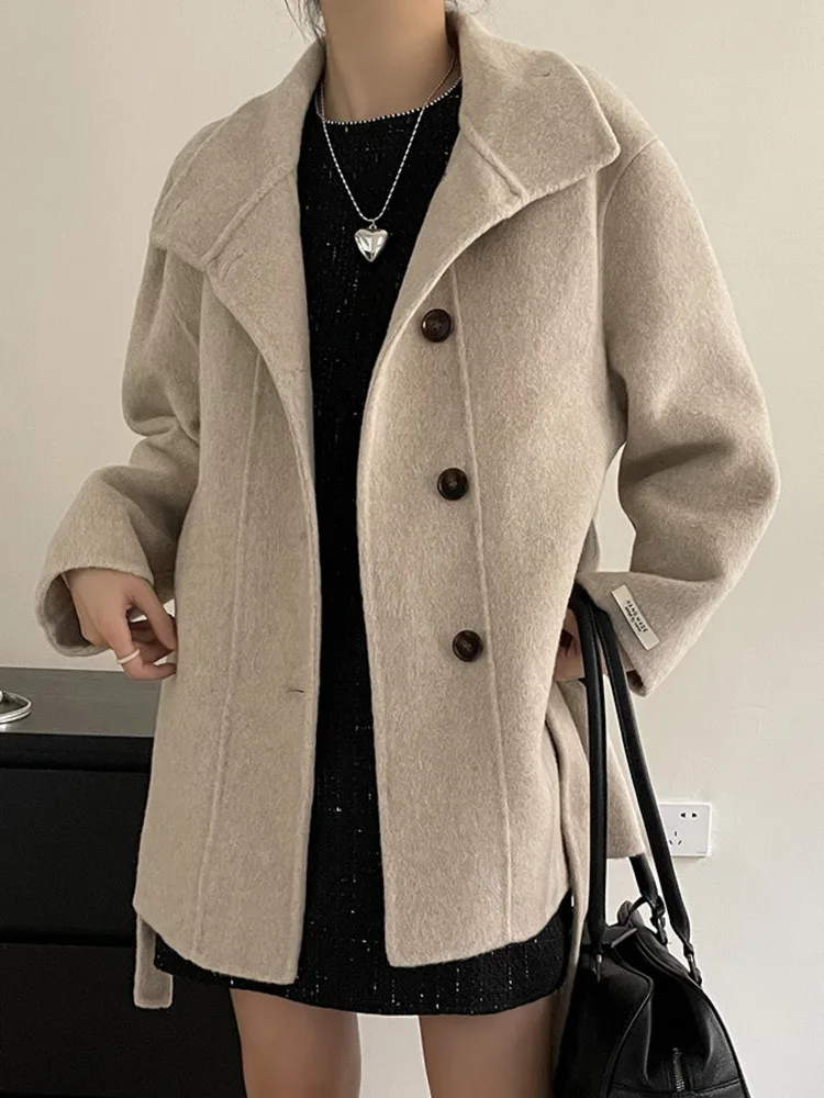 MooQ-Manteau en laine à simple boutonnage pour femme, manteau en cachemire double face, à lacets, tempérament coréen, élégant, hiver, nouveau, 2024, 16O3281