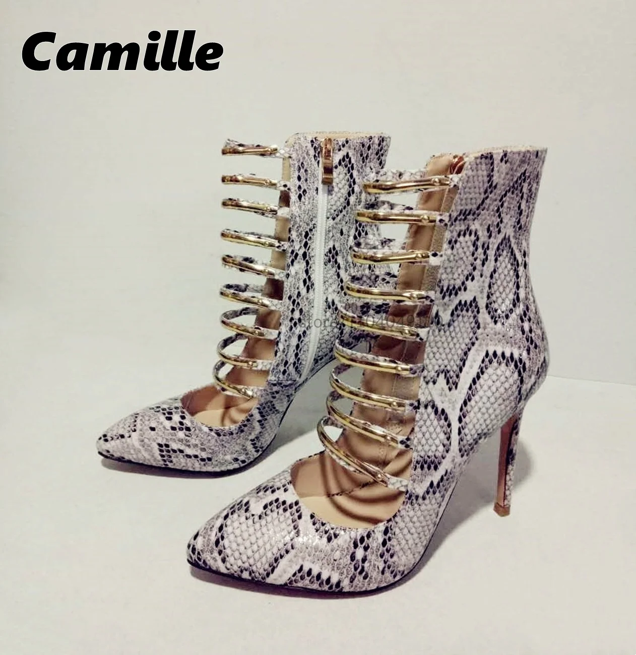 

Snake Pattern Hollow Side Zipper Metal Heel Sandal Boots 2025 Size 34-46 Roman Style Sexy Sandals One Word Belt Party Shoes