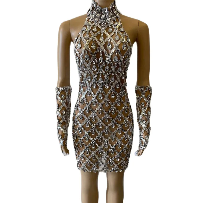 

Sexy Mesh Celebrate Evening Wedding Prom Birthday Photograph Club Dress with Glove Sparkly Silver Sequins Rhinestones Dress