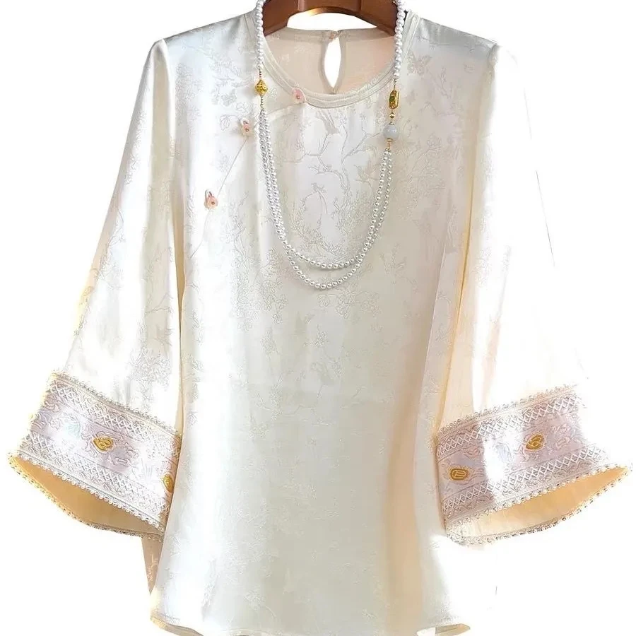 

2025 New Chinese Style Outerwe seven-point sleeve Jacquard Shirt Women's Fashion Retro Embroidery O-Neck Blouse Casual Clothing