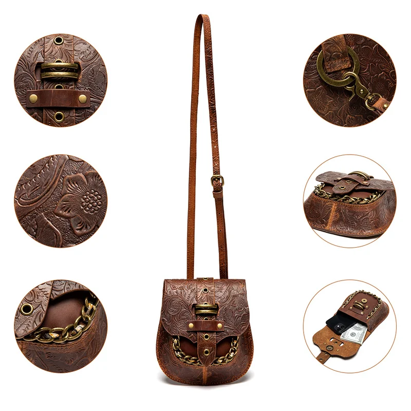 Vintage Tooled Leather Saddle Bag For Women Retro Crossbody Bag With Metal Chain Punk Style Shoulder Handbag For Ladies