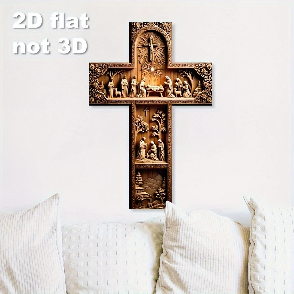 1Pc 2D Flat Vintage Jesus Wooden Wall Decoration Cross Christmas Scene with Nativity Shepherds Easter Holiday Party Decoration