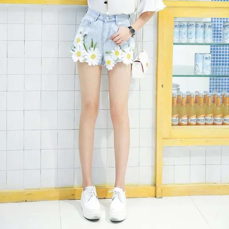 Woman Fashion Clothing 2025 Comfy Hot Youthful Harajuku Jorts Summer Flowers Denim Shorts for Women High Waist Short Jean Pants