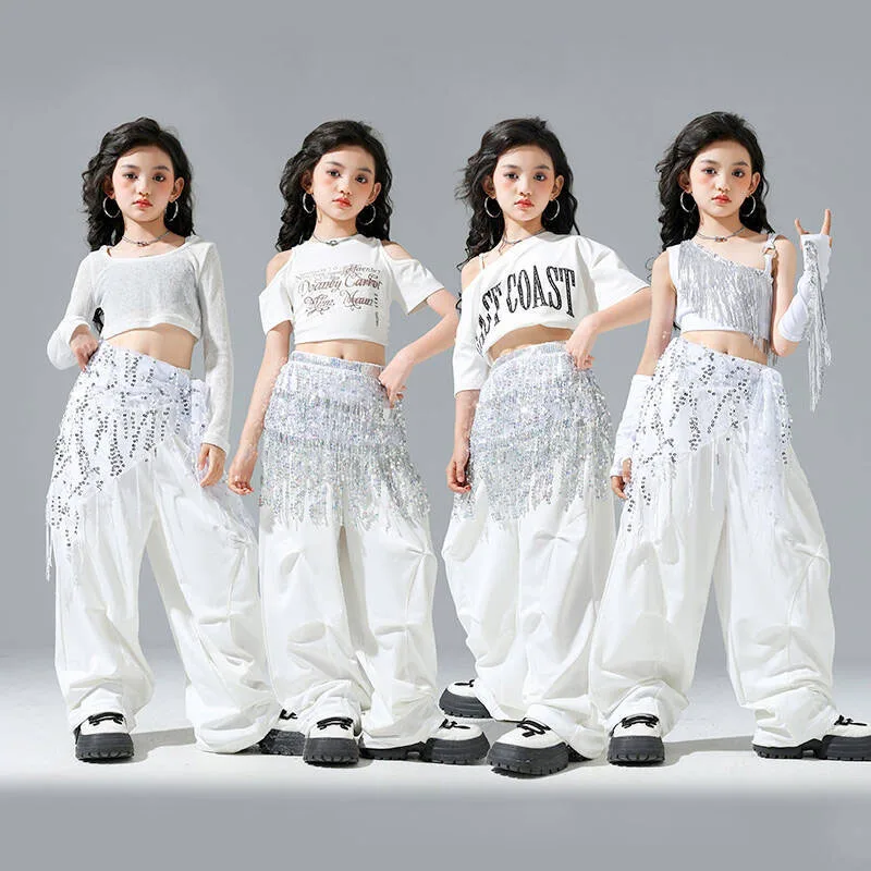 

Детская одежда в стиле хип-хоп, укороченная футболка с белым ремешком, топ, повседневные брюки-парашюты, шорты на шнурке для девочек, костюмы для джазовых танцев, одежда