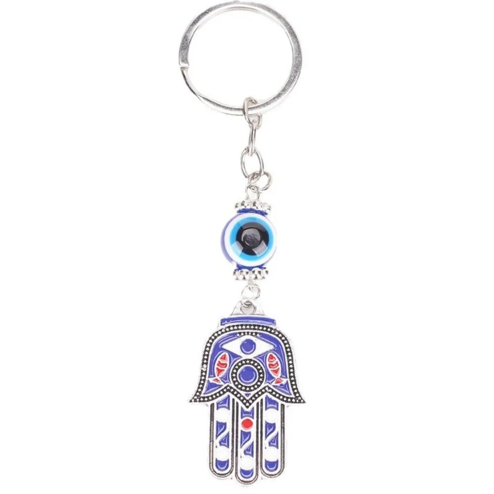 Hamsa Evil Eye Fatima  Alloy Hand Silvery Vintage O-type Keychain Blue Turkish Key Chain Car Chining for Women Men Jewelry